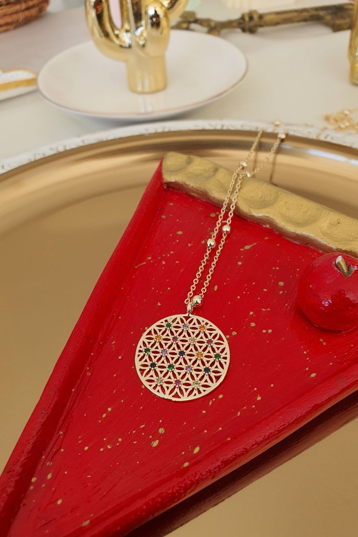 Kette Lebensblume mit bunten Zirkon Steinen