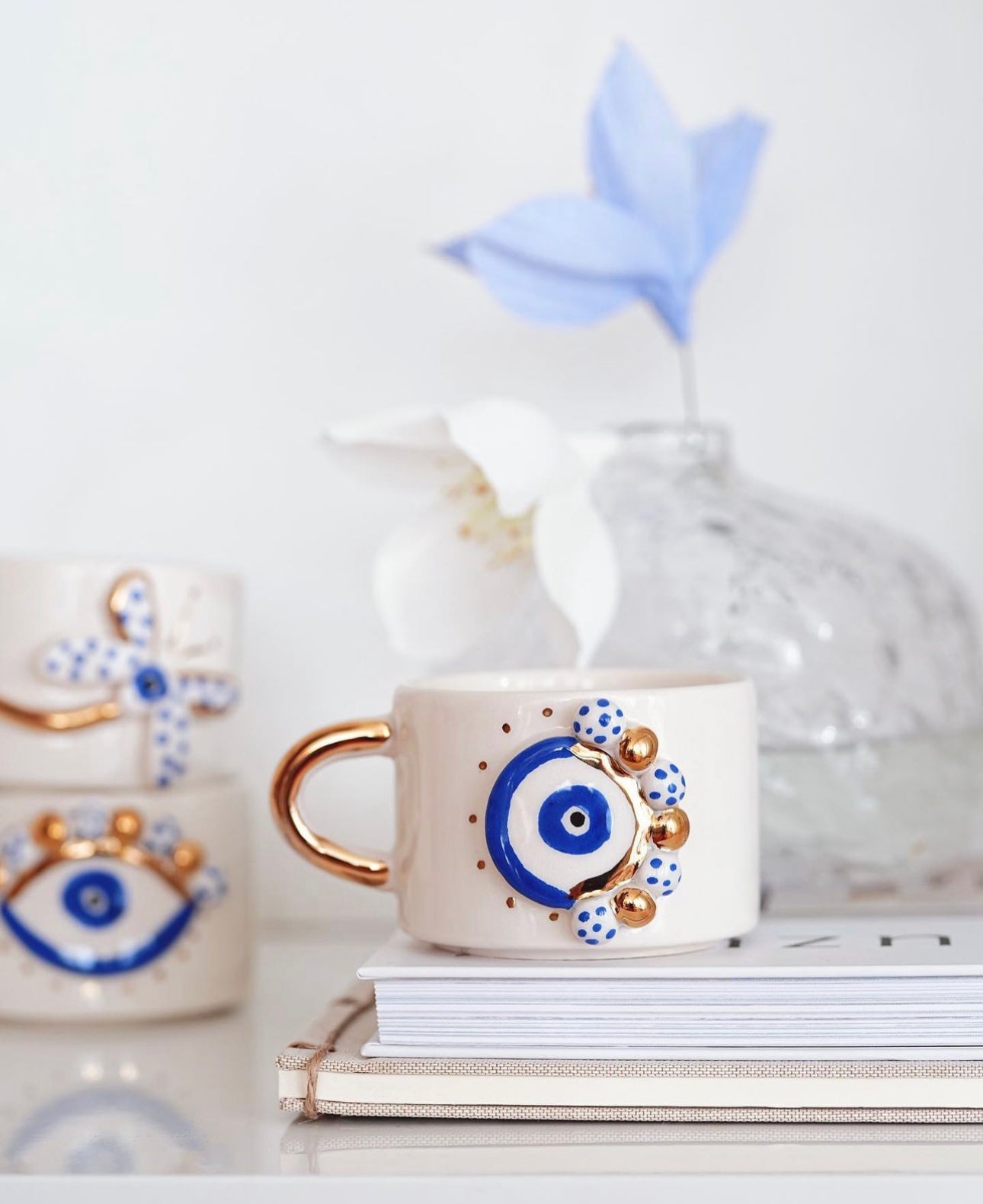 Handgemachte Keramiktasse Gold blue verziert mit 24 Karat Gold